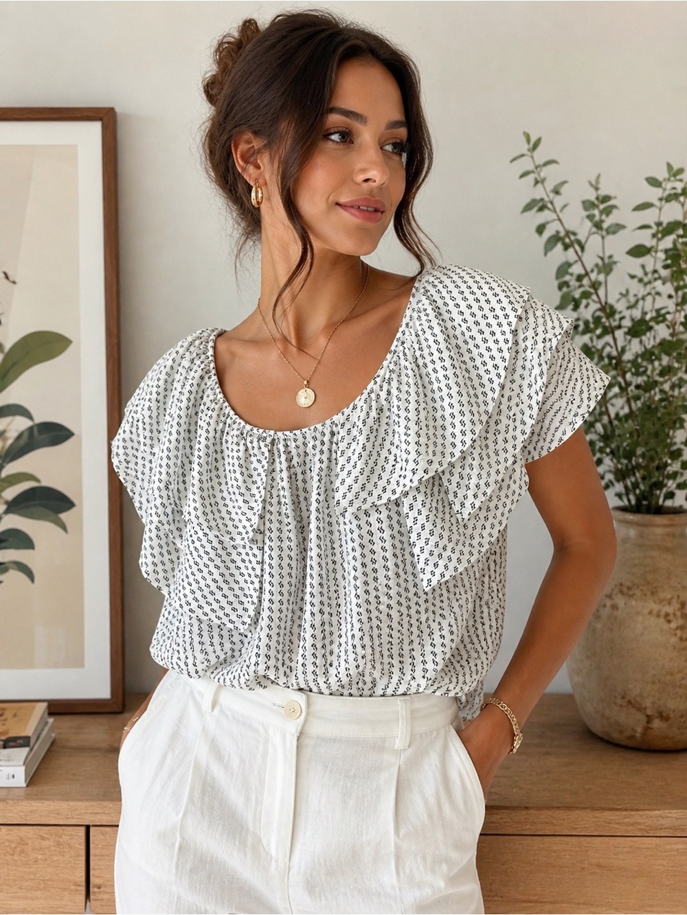 Club Monaco 100% Silk Ruffle Sleeve Blouse | 17” PTP | Approx Small